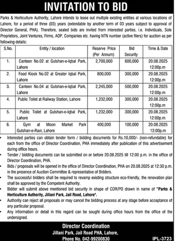 Parks & Horticulture Authority Lahore Tender Notice